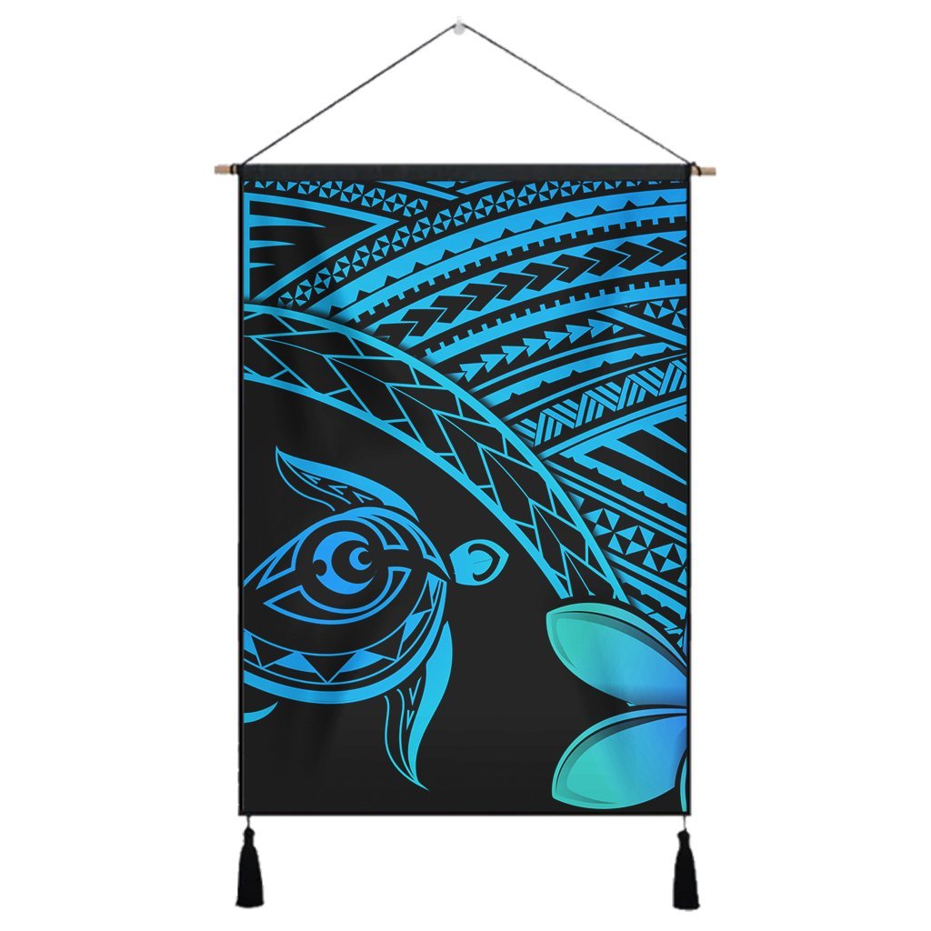 Hawaiian Turtle Plumeria Kakau Polynesian Quilt Hanging Poster Blue AH Hanging Poster Cotton And Linen - Polynesian Pride