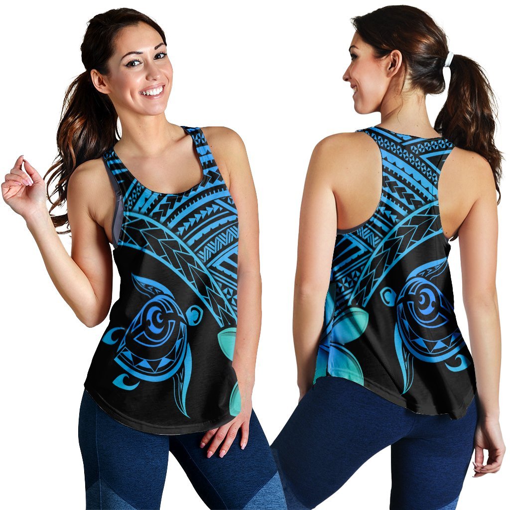 Hawaiian Turtle Plumeria Kakau Polynesian Quilt Racerback Tank Blue AH Black - Polynesian Pride