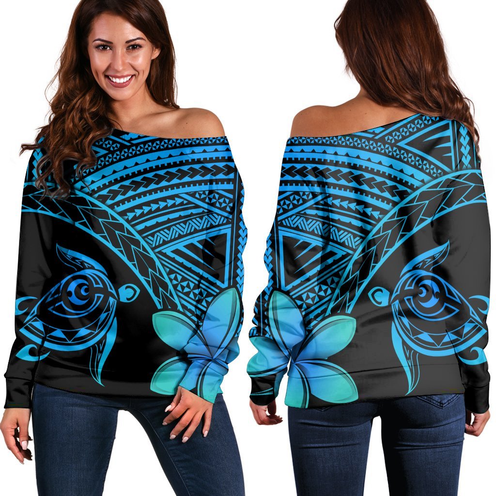 Hawaiian Turtle Plumeria Kakau Polynesian Quilt Women's Off Shoulder Sweater Blue AH Black - Polynesian Pride