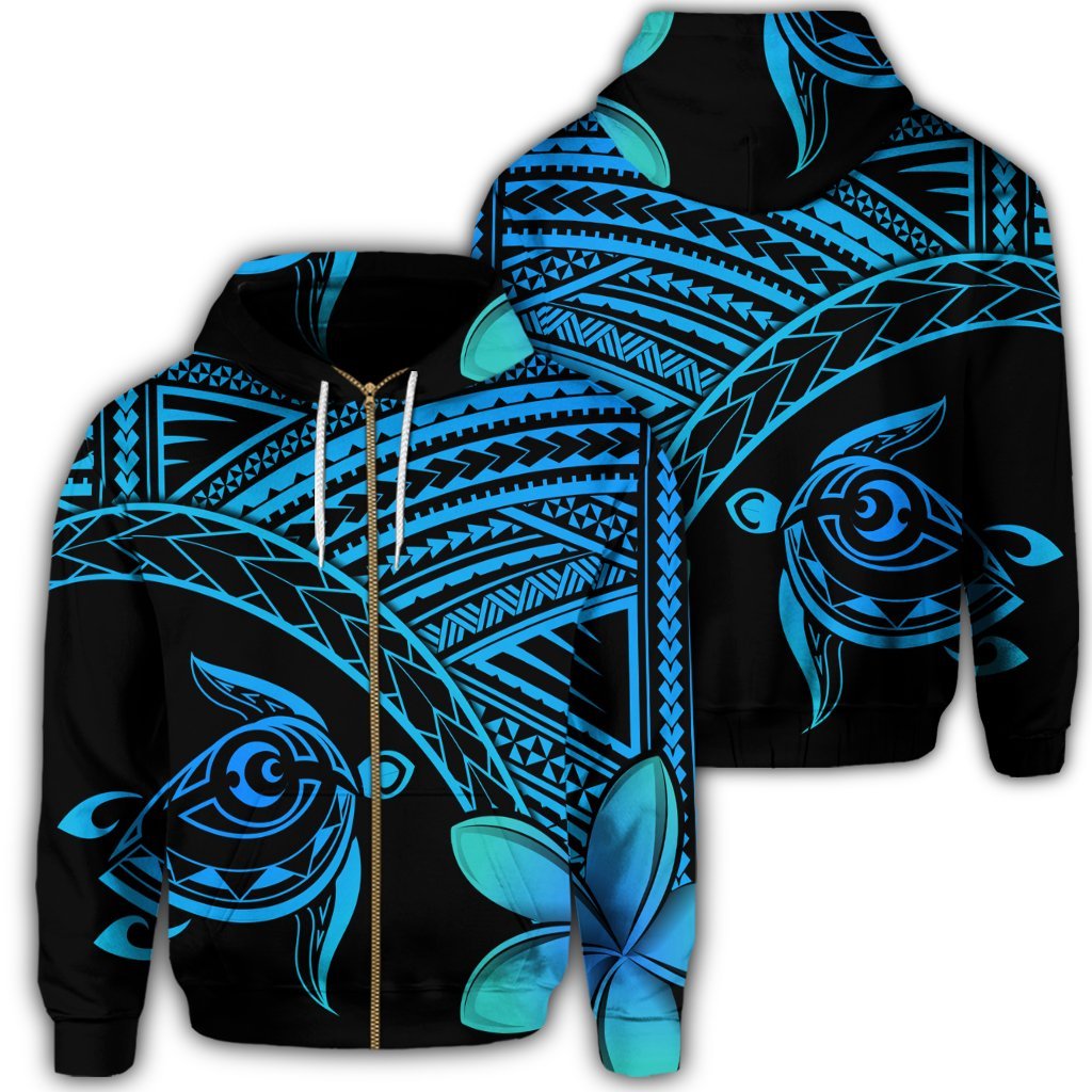 Hawaiian Turtle Plumeria Kakau Polynesian Quilt Zip Hoodie Blue Unisex Art - Polynesian Pride