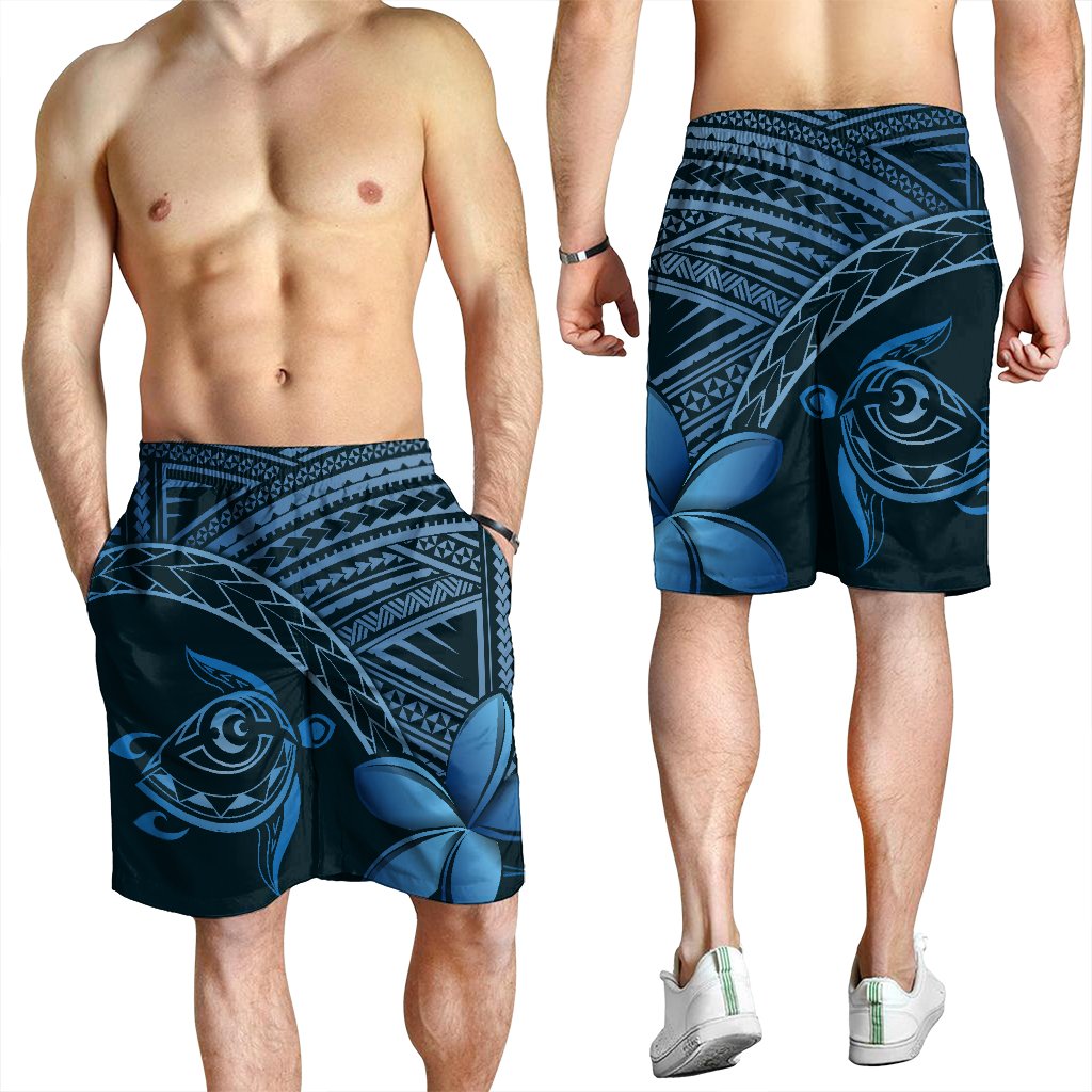 Hawaiian Turtle Plumeria Kakau Polynesian Quilt Men's Shorts Neo Blue AH - Polynesian Pride