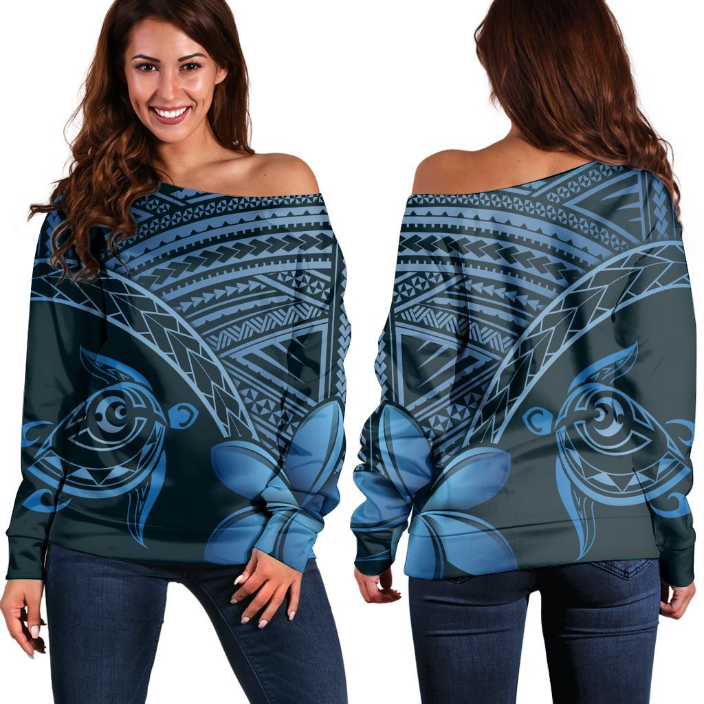 Hawaiian Turtle Plumeria Kakau Polynesian Quilt Women's Off Shoulder Sweater Neo Blue AH Black - Polynesian Pride