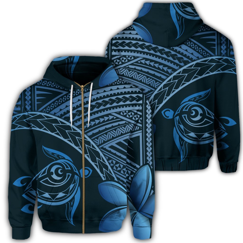 Hawaiian Turtle Plumeria Kakau Polynesian Quilt Zip Hoodie Neo Blue Unisex Art - Polynesian Pride