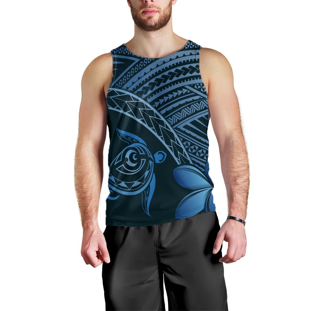 Hawaiian Turtle Plumeria Kakau Polynesian Quilt Tank Top Neo Blue AH Black - Polynesian Pride