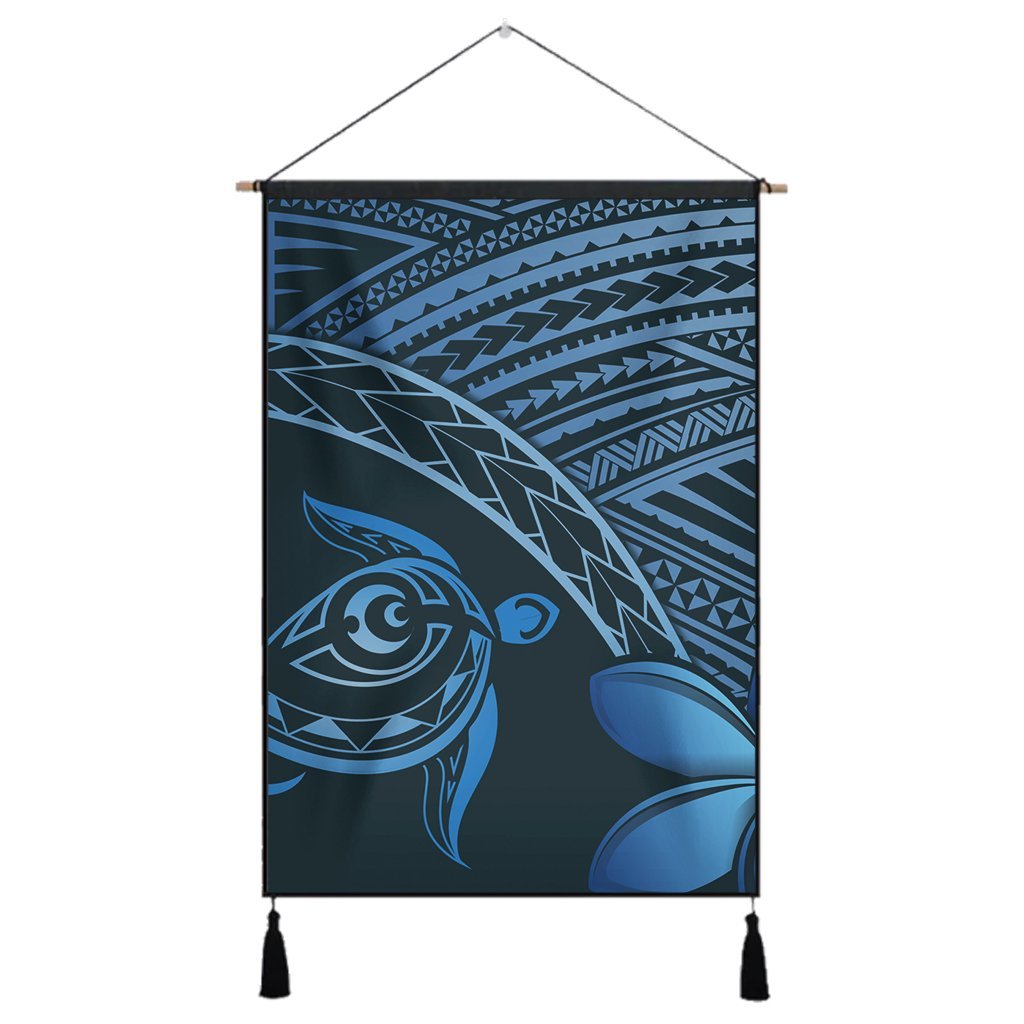 Hawaiian Turtle Plumeria Kakau Polynesian Quilt Hanging Poster Neo Blue AH Hanging Poster Cotton And Linen - Polynesian Pride