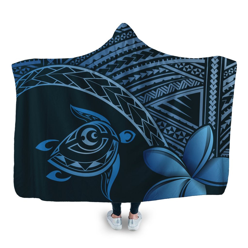 Hawaiian Turtle Plumeria Kakau Polynesian Quilt Hooded Blanket Neo Blue AH Hooded Blanket White - Polynesian Pride