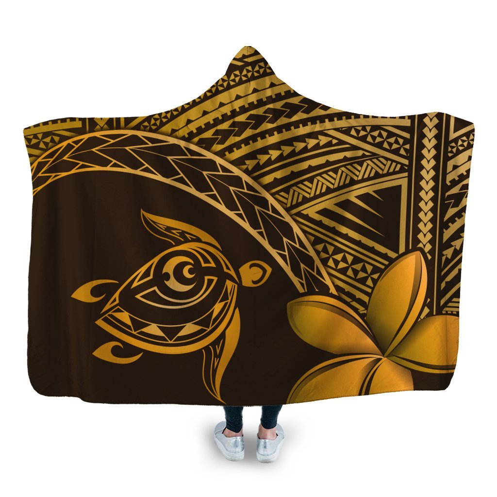 Hawaiian Turtle Plumeria Kakau Polynesian Quilt Hooded Blanket Neo Brown AH Hooded Blanket White - Polynesian Pride