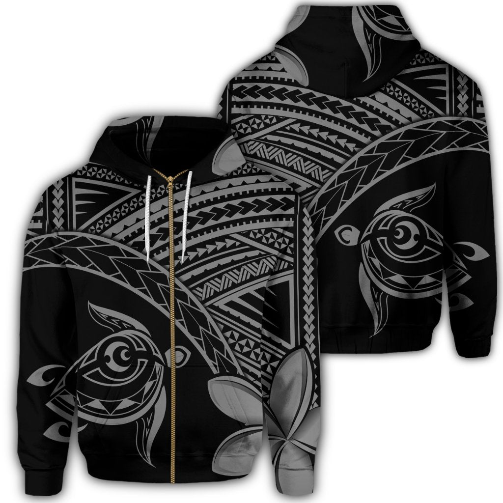 Hawaiian Turtle Plumeria Kakau Polynesian Quilt Zip Hoodie Neo Gray Unisex Art - Polynesian Pride