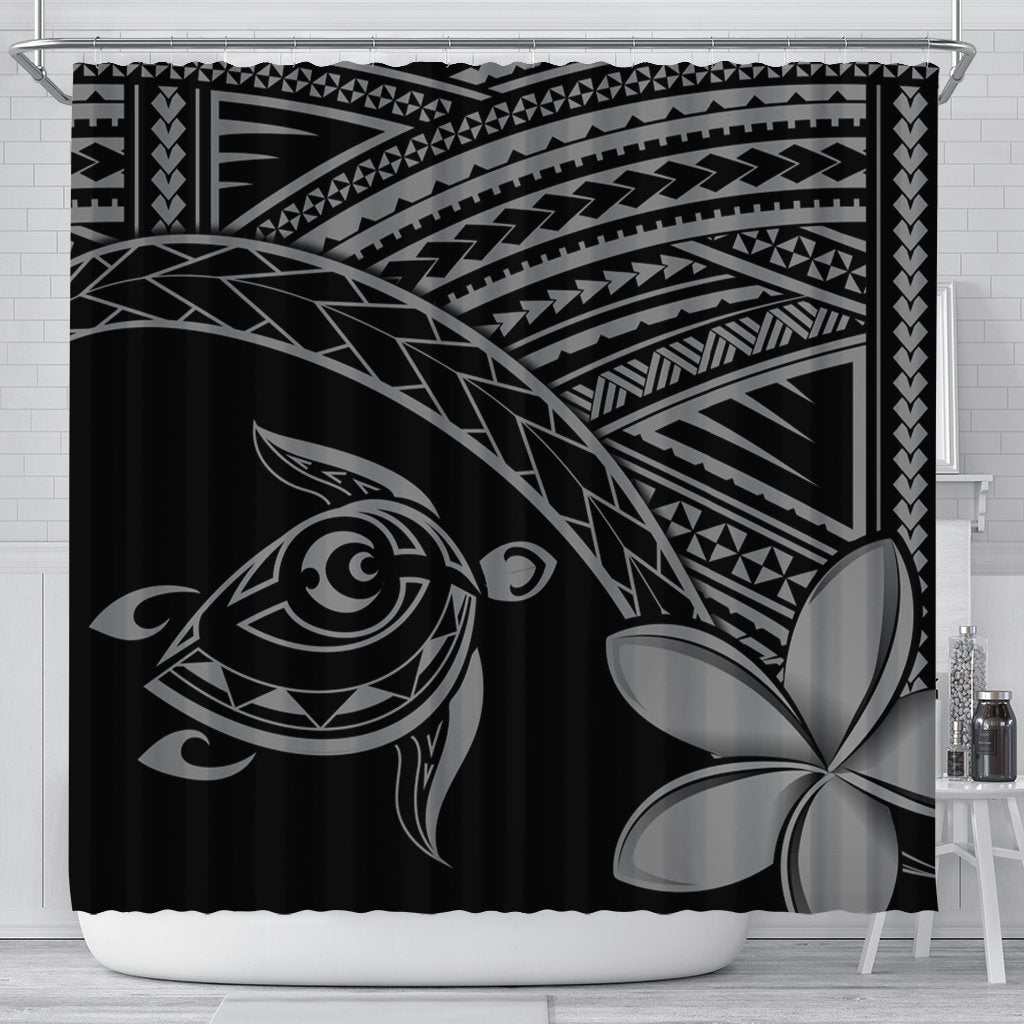 Hawaiian Turtle Plumeria Kakau Polynesian Quilt Shower Curtain Neo Gray AH 177 x 172 (cm) Black - Polynesian Pride