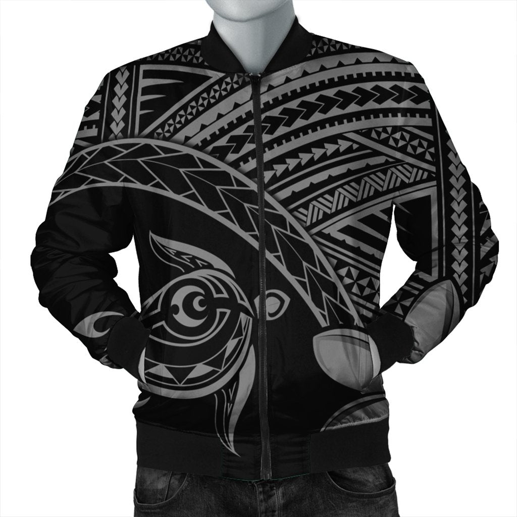 Hawaiian Turtle Plumeria Kakau Polynesian Quilt Bomber Jacket Neo Gray AH Black Unisex - Polynesian Pride