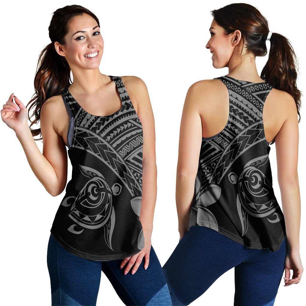 Hawaiian Turtle Plumeria Kakau Polynesian Quilt Racerback Tank Neo Gray AH Black - Polynesian Pride