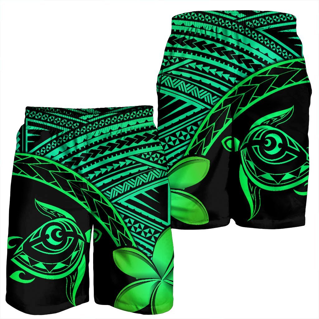Hawaiian Turtle Plumeria Kakau Polynesian Quilt Men's Shorts Neo Green AH - Polynesian Pride