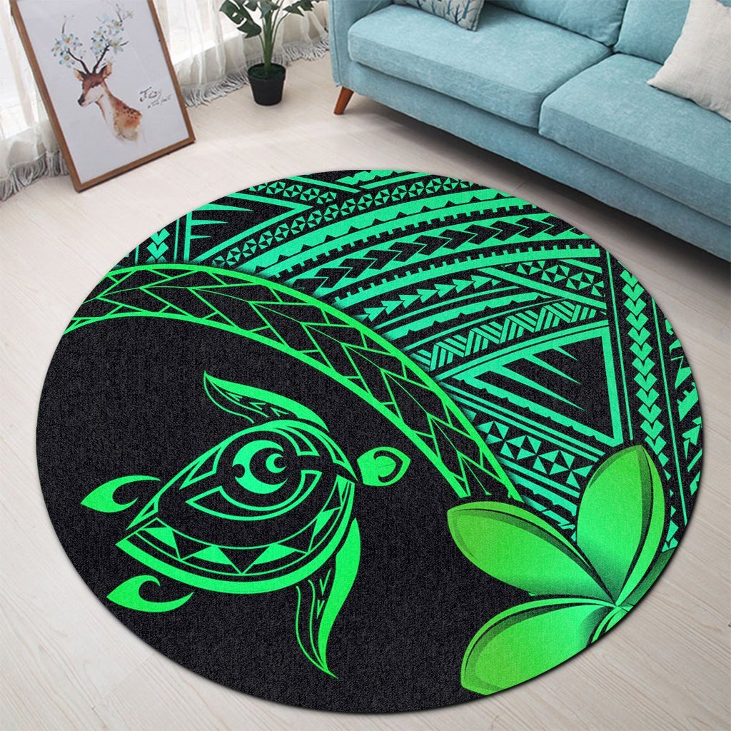 Hawaiian Turtle Plumeria Kakau Polynesian Quilt Round Carpet Neo Green AH - Polynesian Pride