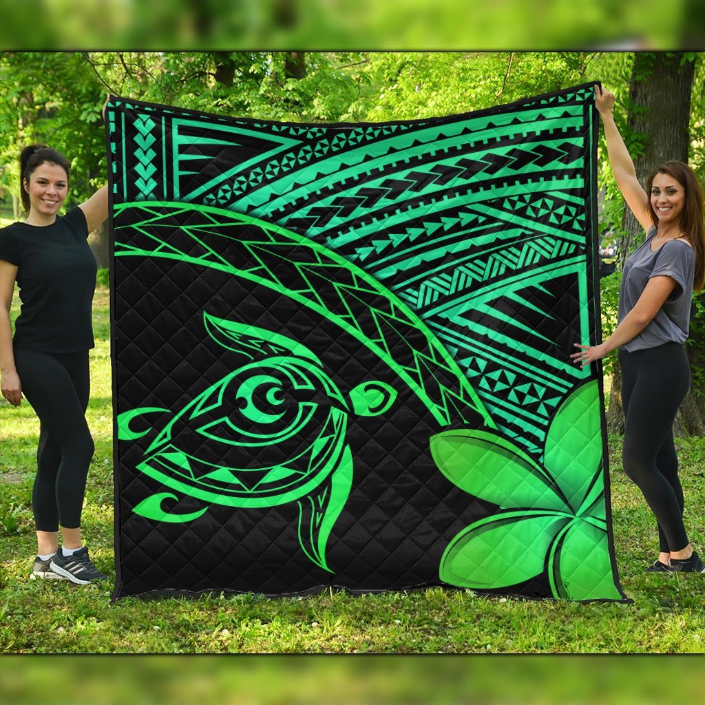 Hawaiian Turtle Plumeria Kakau Polynesian Quilt Premium Quilts Neo Green AH Black - Polynesian Pride