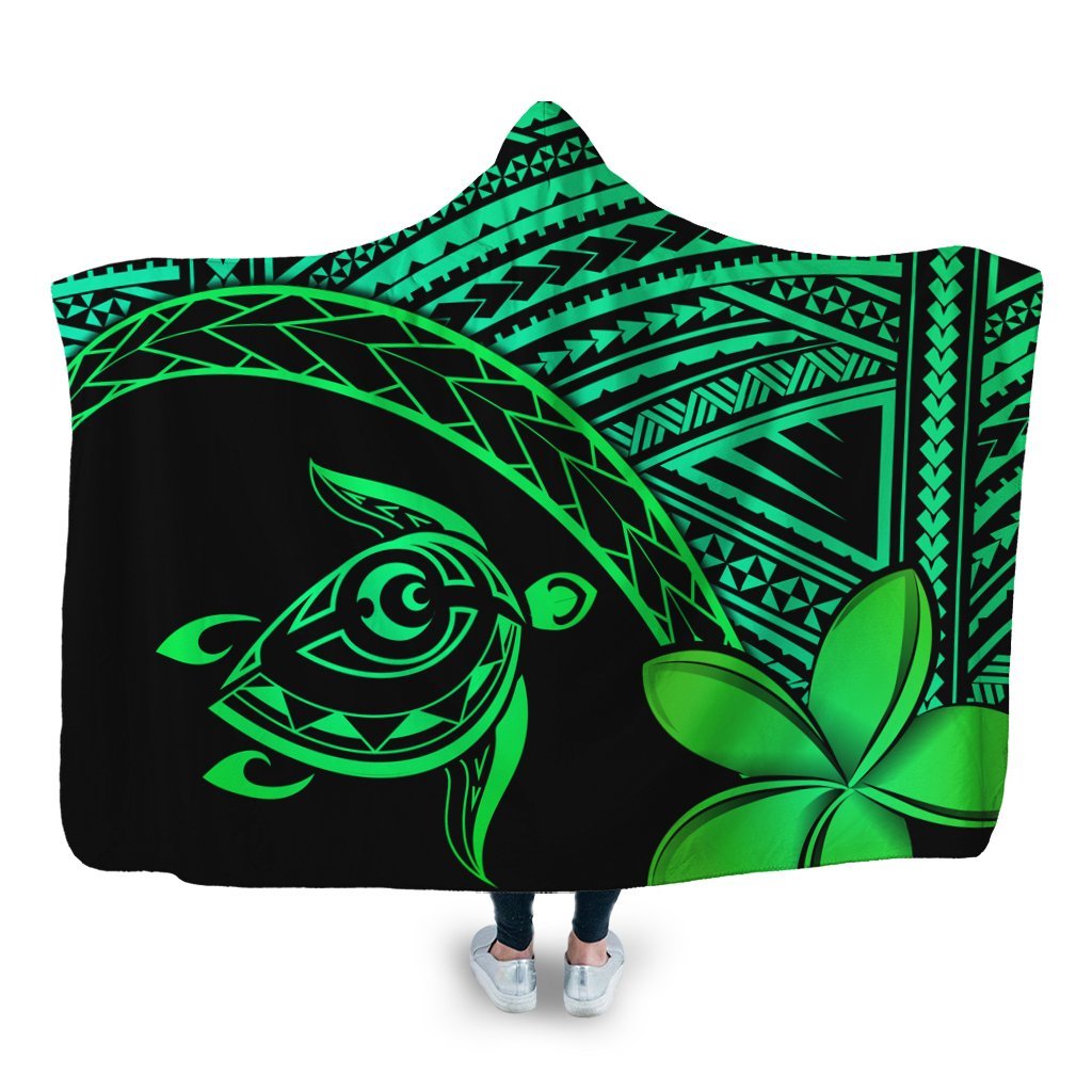 Hawaiian Turtle Plumeria Kakau Polynesian Quilt Hooded Blanket Neo Green AH Hooded Blanket White - Polynesian Pride