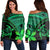 Hawaiian Turtle Plumeria Kakau Polynesian Quilt Women's Off Shoulder Sweater Neo Green AH Black - Polynesian Pride