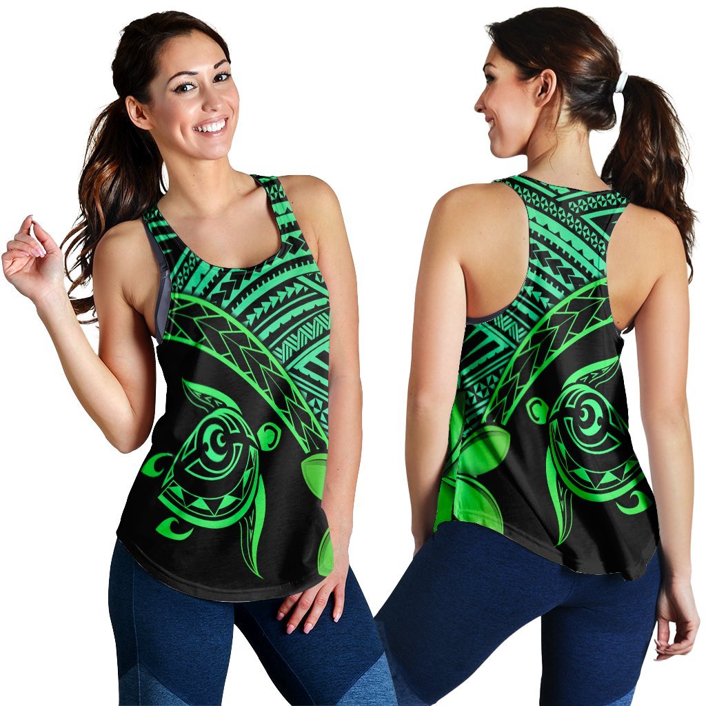 Hawaiian Turtle Plumeria Kakau Polynesian Quilt Racerback Tank Neo Green AH Black - Polynesian Pride