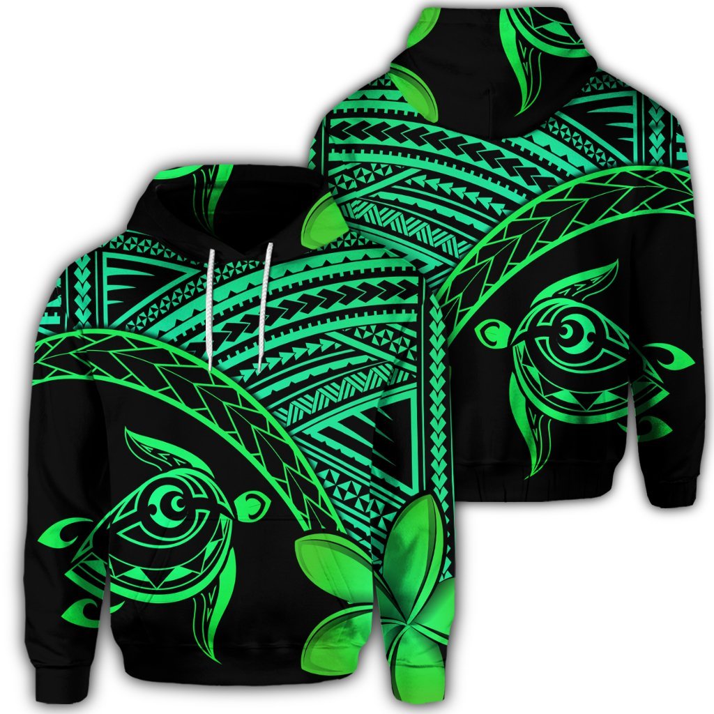 Hawaiian Turtle Plumeria Kakau Polynesian Quilt Hoodie Neo Green Unisex Art - Polynesian Pride