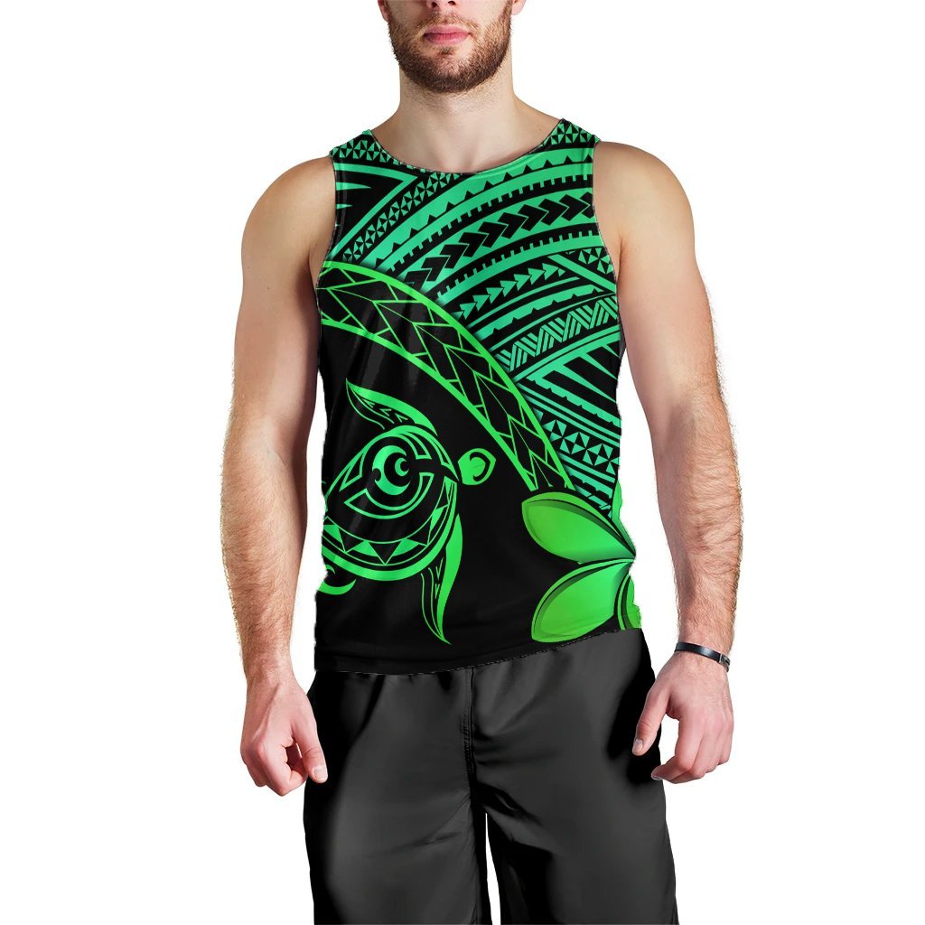 Hawaiian Turtle Plumeria Kakau Polynesian Quilt Tank Top Neo Green AH Black - Polynesian Pride