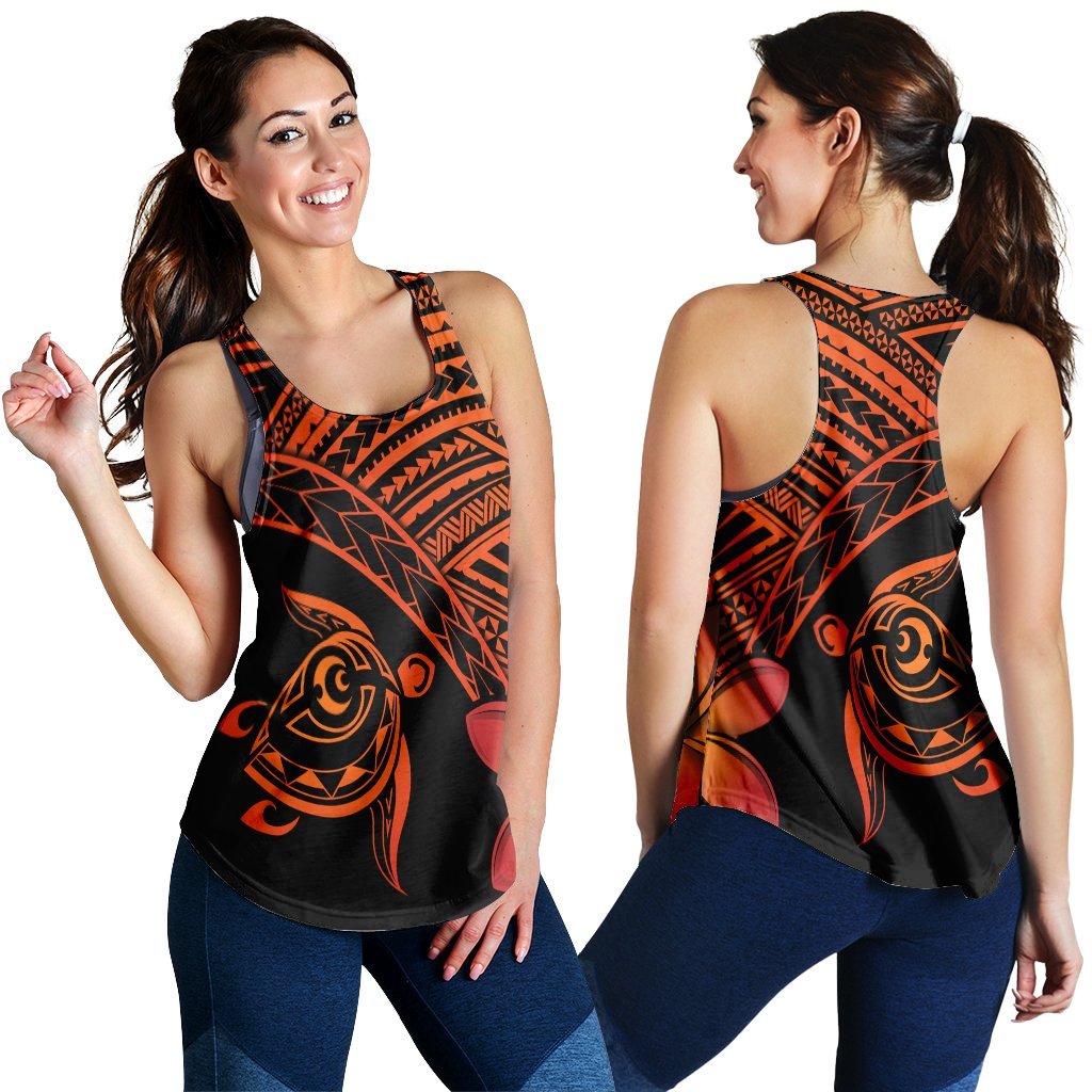 Hawaiian Turtle Plumeria Kakau Polynesian Quilt Racerback Tank Neo Orange AH Black - Polynesian Pride