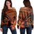 Hawaiian Turtle Plumeria Kakau Polynesian Quilt Women's Off Shoulder Sweater Neo Orange AH Black - Polynesian Pride