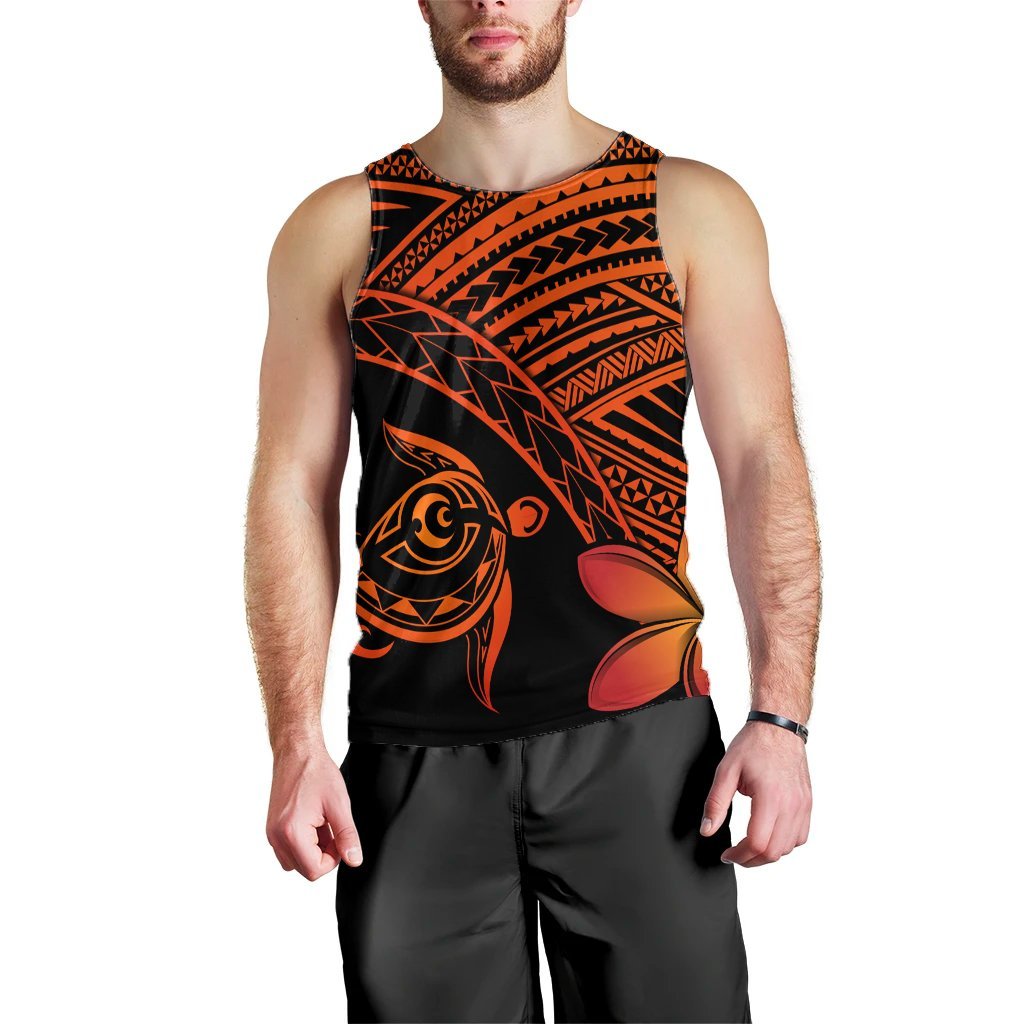 Hawaiian Turtle Plumeria Kakau Polynesian Quilt Tank Top Neo Orange AH Black - Polynesian Pride