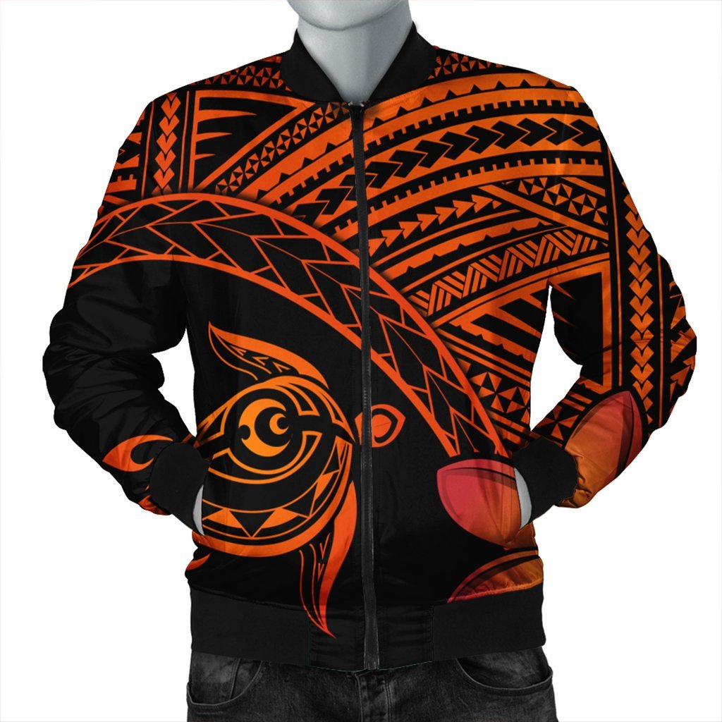 Hawaiian Turtle Plumeria Kakau Polynesian Quilt Bomber Jacket Neo Orange AH Black Unisex - Polynesian Pride