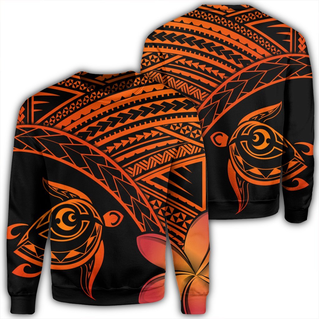 Hawaiian Turtle Plumeria Kakau Polynesian Quilt Sweatshirt Neo Orange AH Unisex Black - Polynesian Pride