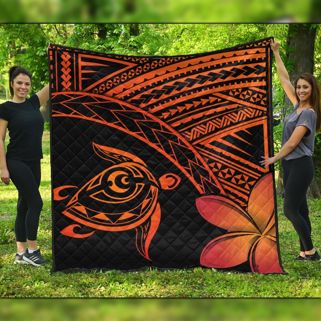 Hawaiian Turtle Plumeria Kakau Polynesian Quilt Premium Quilts Neo Orange AH Black - Polynesian Pride