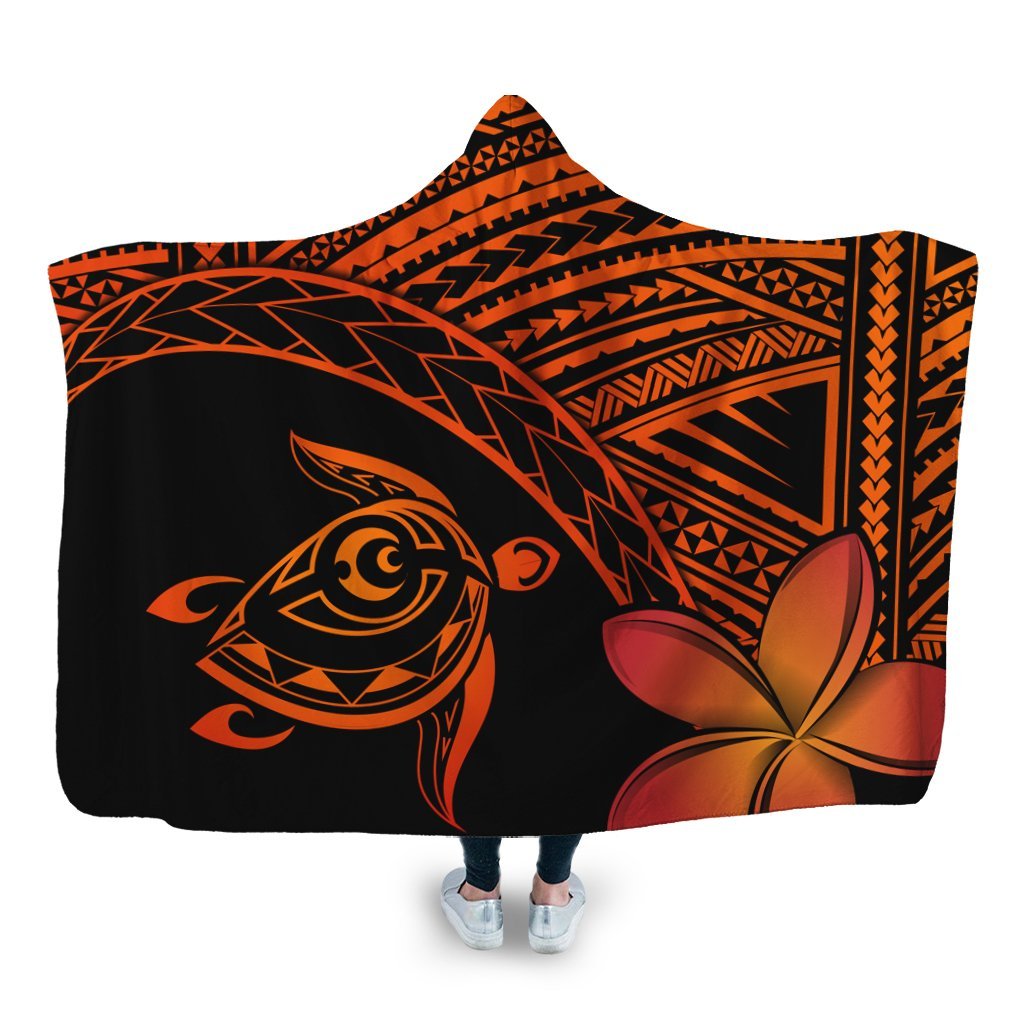 Hawaiian Turtle Plumeria Kakau Polynesian Quilt Hooded Blanket Neo Orange AH Hooded Blanket White - Polynesian Pride