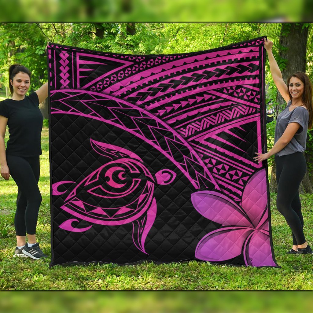 Hawaiian Turtle Plumeria Kakau Polynesian Quilt Premium Quilts Neo Pink AH Black - Polynesian Pride