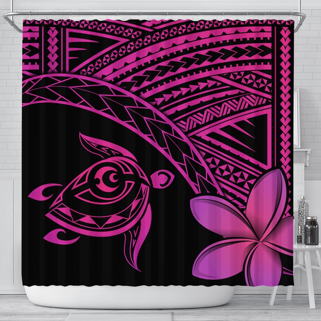 Hawaiian Turtle Plumeria Kakau Polynesian Quilt Shower Curtain Neo Pink AH 177 x 172 (cm) Black - Polynesian Pride