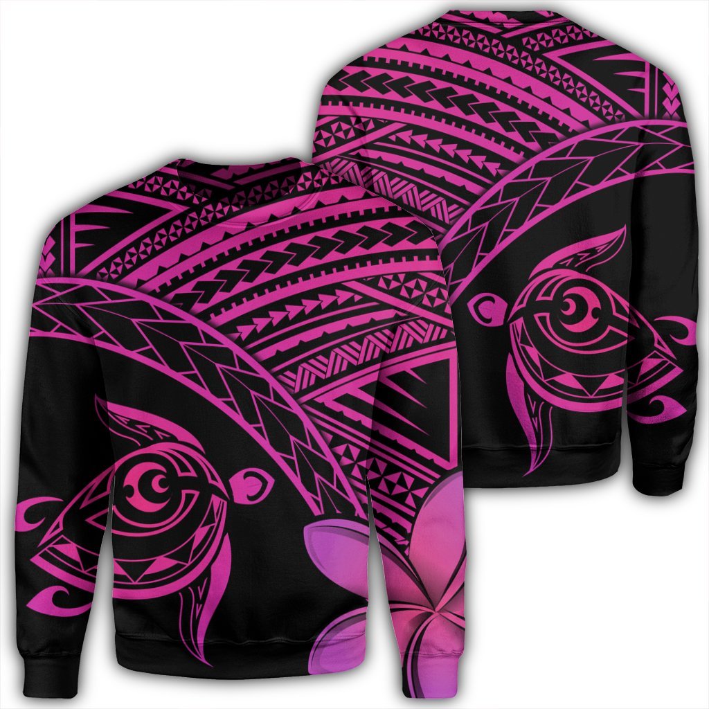 Hawaiian Turtle Plumeria Kakau Polynesian Quilt Sweatshirt Neo Pink AH Unisex Black - Polynesian Pride