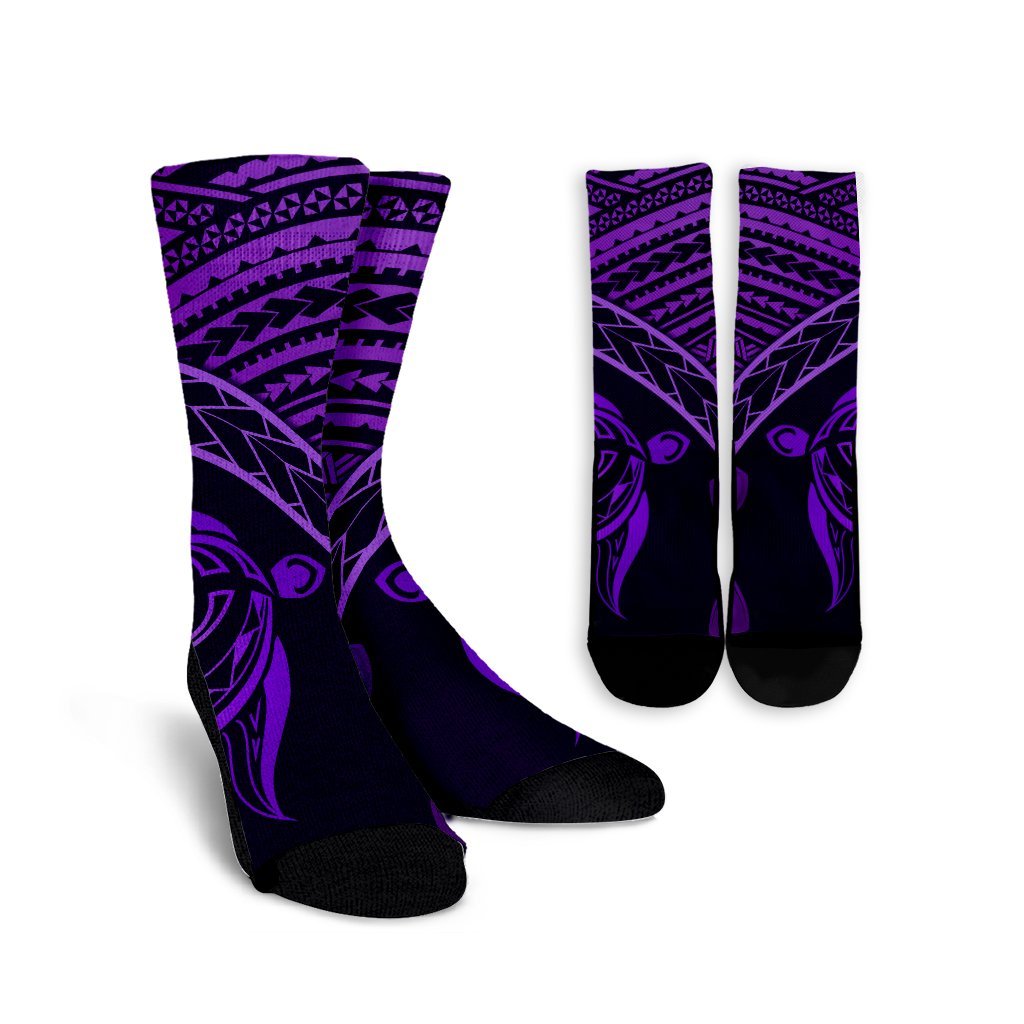 Hawaiian Turtle Plumeria Kakau Polynesian Quilt Crew Socks Neo Purple AH Crew Socks White - Polynesian Pride