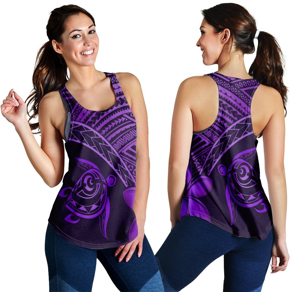 Hawaiian Turtle Plumeria Kakau Polynesian Quilt Racerback Tank Neo Purple AH Black - Polynesian Pride