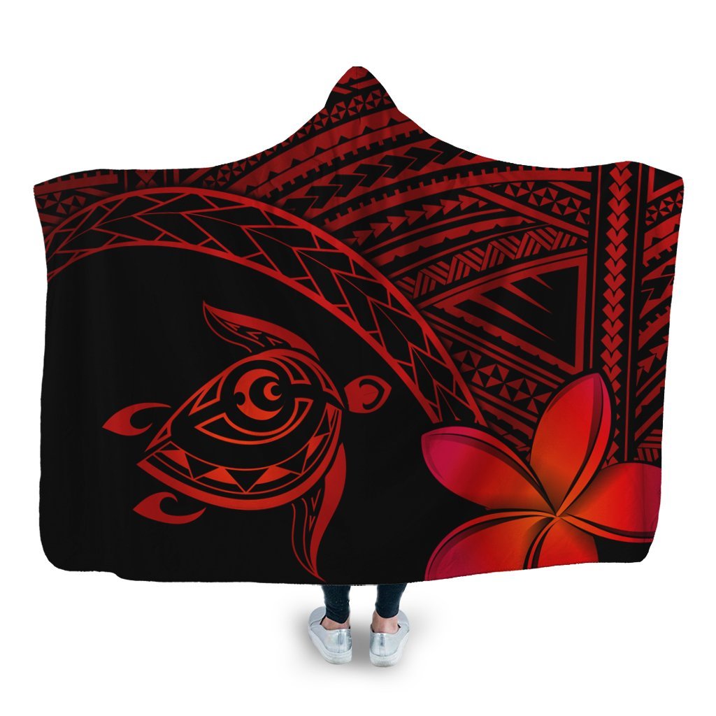 Hawaiian Turtle Plumeria Kakau Polynesian Quilt Hooded Blanket Neo Red AH Hooded Blanket White - Polynesian Pride