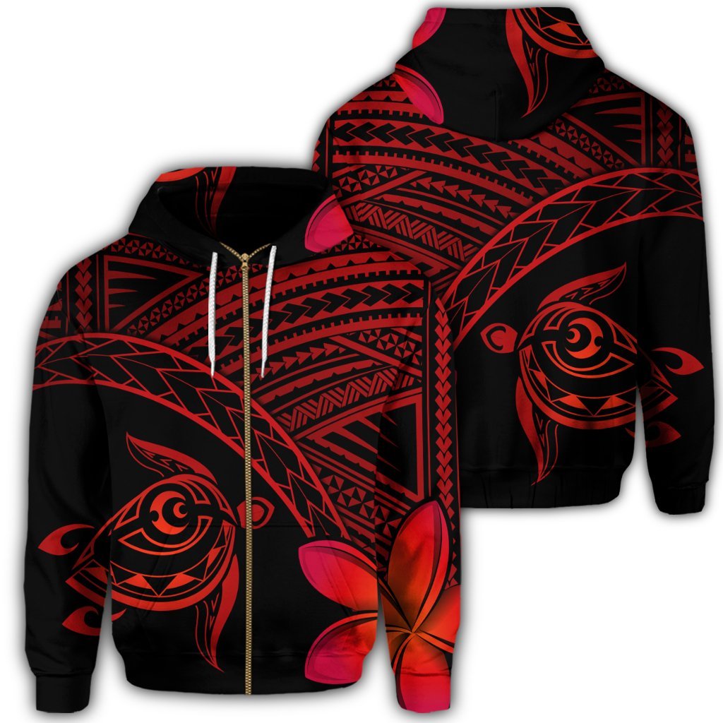 Hawaiian Turtle Plumeria Kakau Polynesian Quilt Zip Hoodie Neo Red Unisex Art - Polynesian Pride