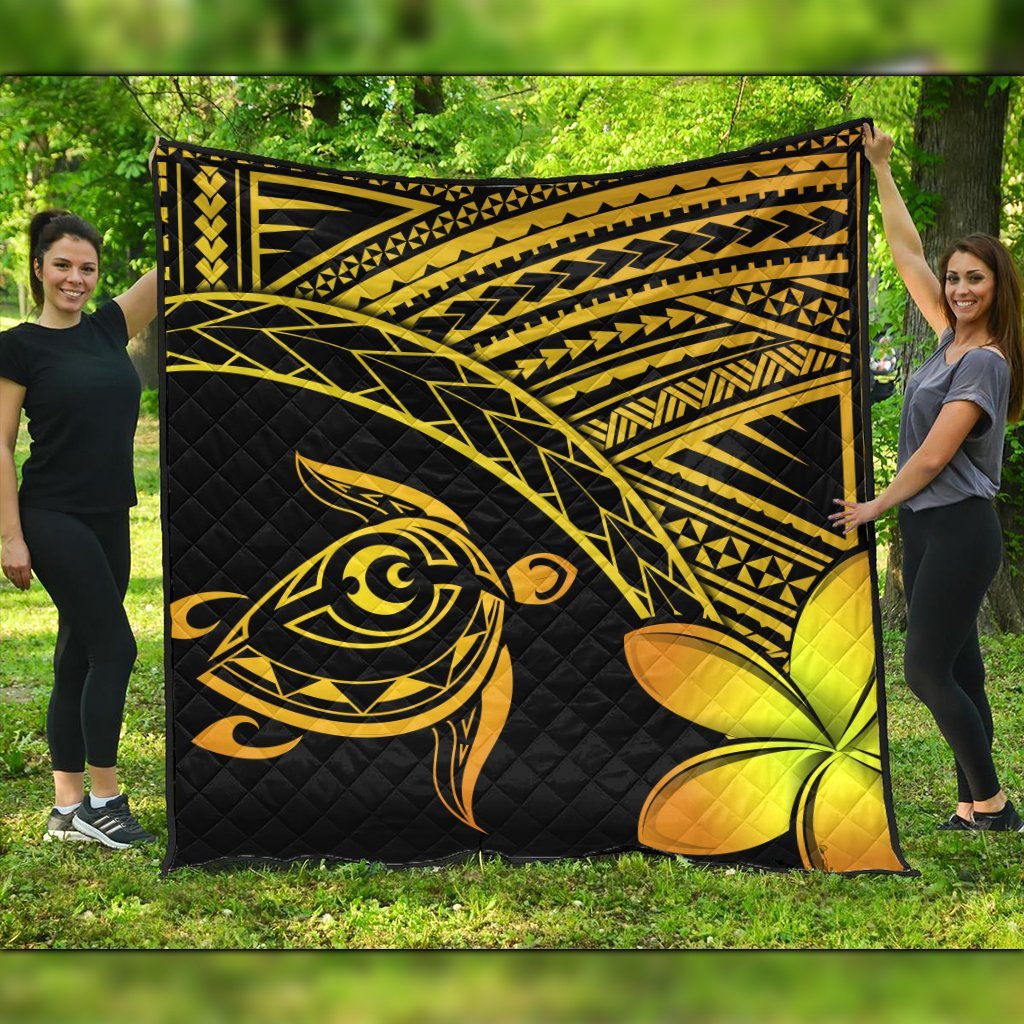 Hawaiian Turtle Plumeria Kakau Polynesian Quilt Premium Quilts Neo Yellow AH Black - Polynesian Pride