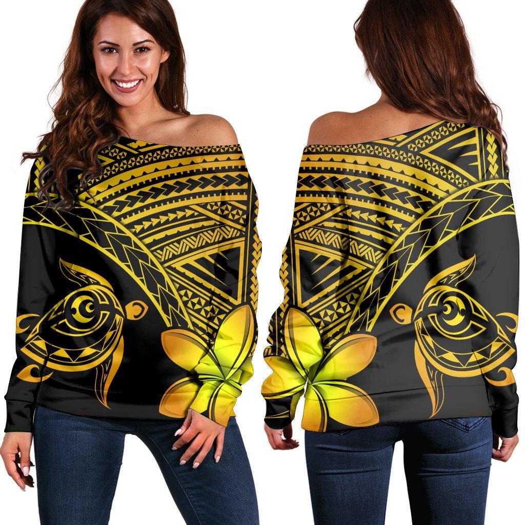 Hawaiian Turtle Plumeria Kakau Polynesian Quilt Women's Off Shoulder Sweater Neo Yellow AH Black - Polynesian Pride