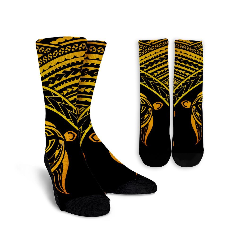 Hawaiian Turtle Plumeria Kakau Polynesian Quilt Crew Socks Neo Yellow AH Crew Socks White - Polynesian Pride