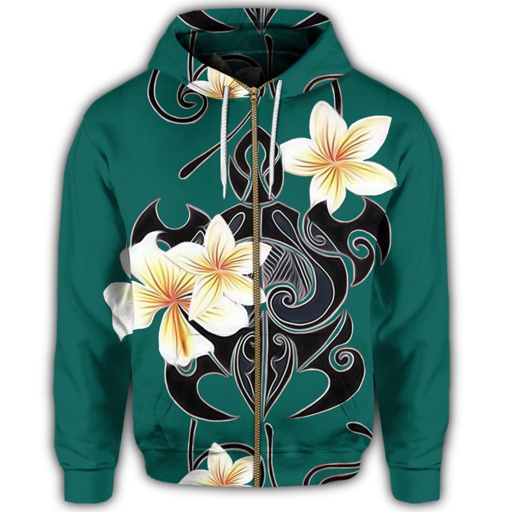 Hawaiian Turtle Plumeria Polynesian Zip Hoodie Mint - Polynesian Pride
