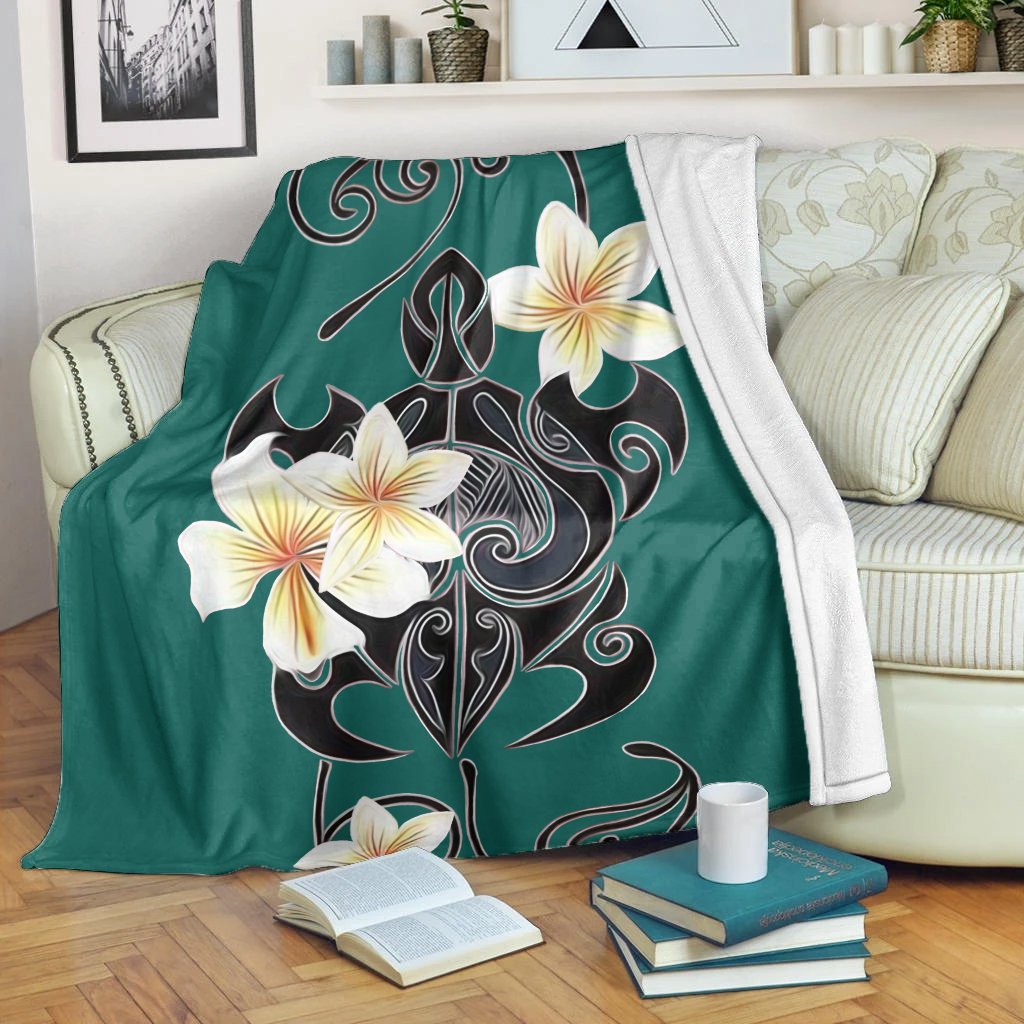 Hawaiian Turtle Plumeria Polynesian Premium Blankets Mint - AH White - Polynesian Pride