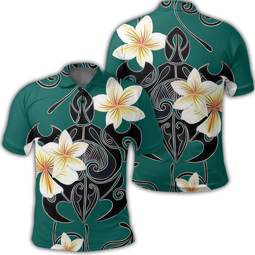 Hawaiian Turtle Plumeria Polynesian Polo Shirt Mint AH Unisex Black - Polynesian Pride