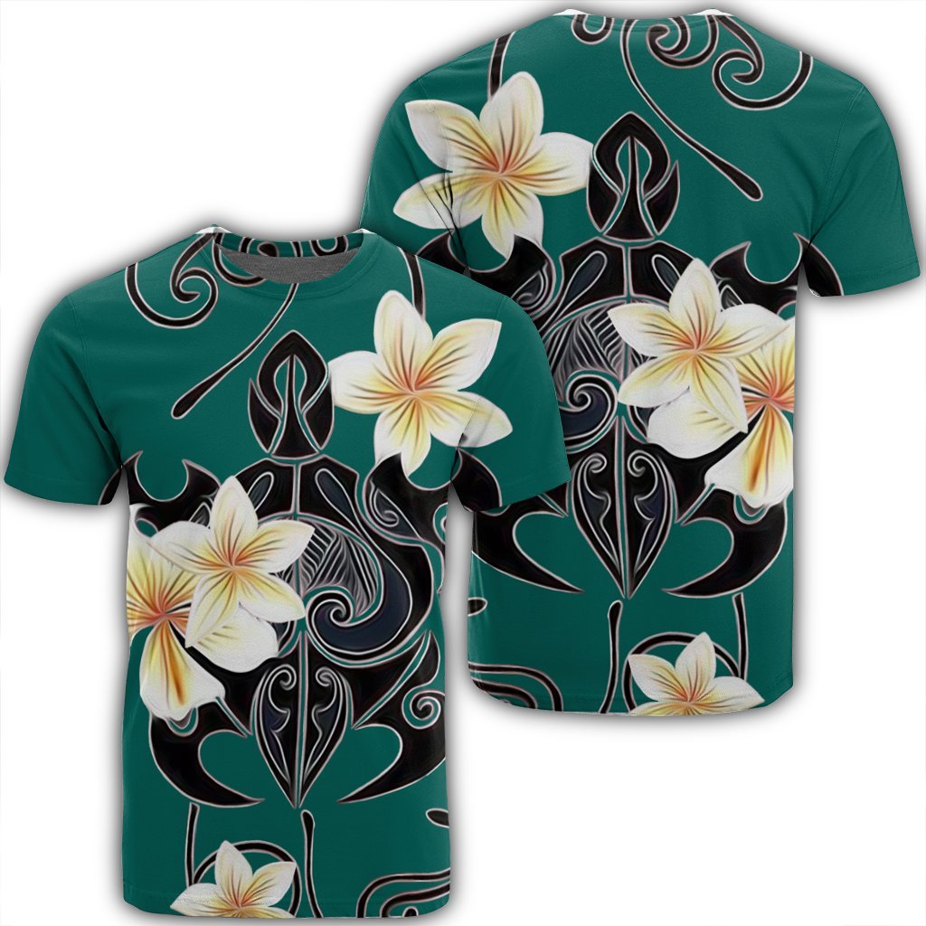 Hawaiian Turtle Plumeria Polynesian T Shirt Mint AH Unisex Black - Polynesian Pride