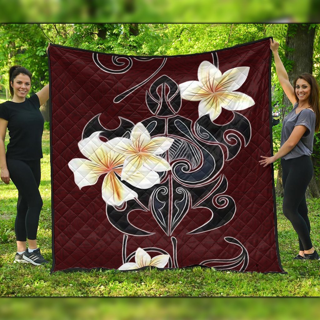 Hawaiian Turtle Plumeria Polynesian Premium Quilts Red - AH Black - Polynesian Pride