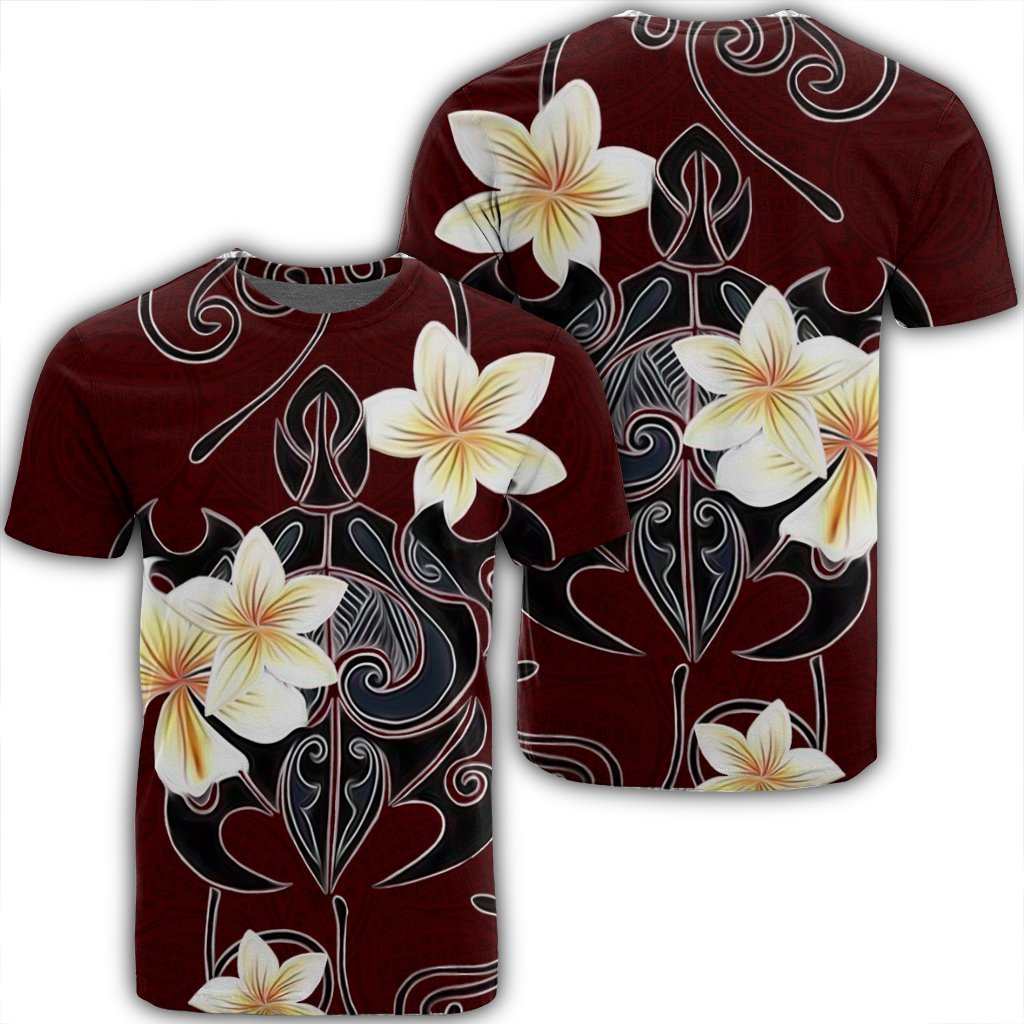 Hawaiian Turtle Plumeria Polynesian T Shirt Red AH Unisex Black - Polynesian Pride