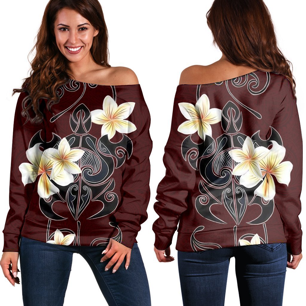 Hawaiian Turtle Plumeria Polynesian Women's Off Shoulder Sweater Red - AH Black - Polynesian Pride