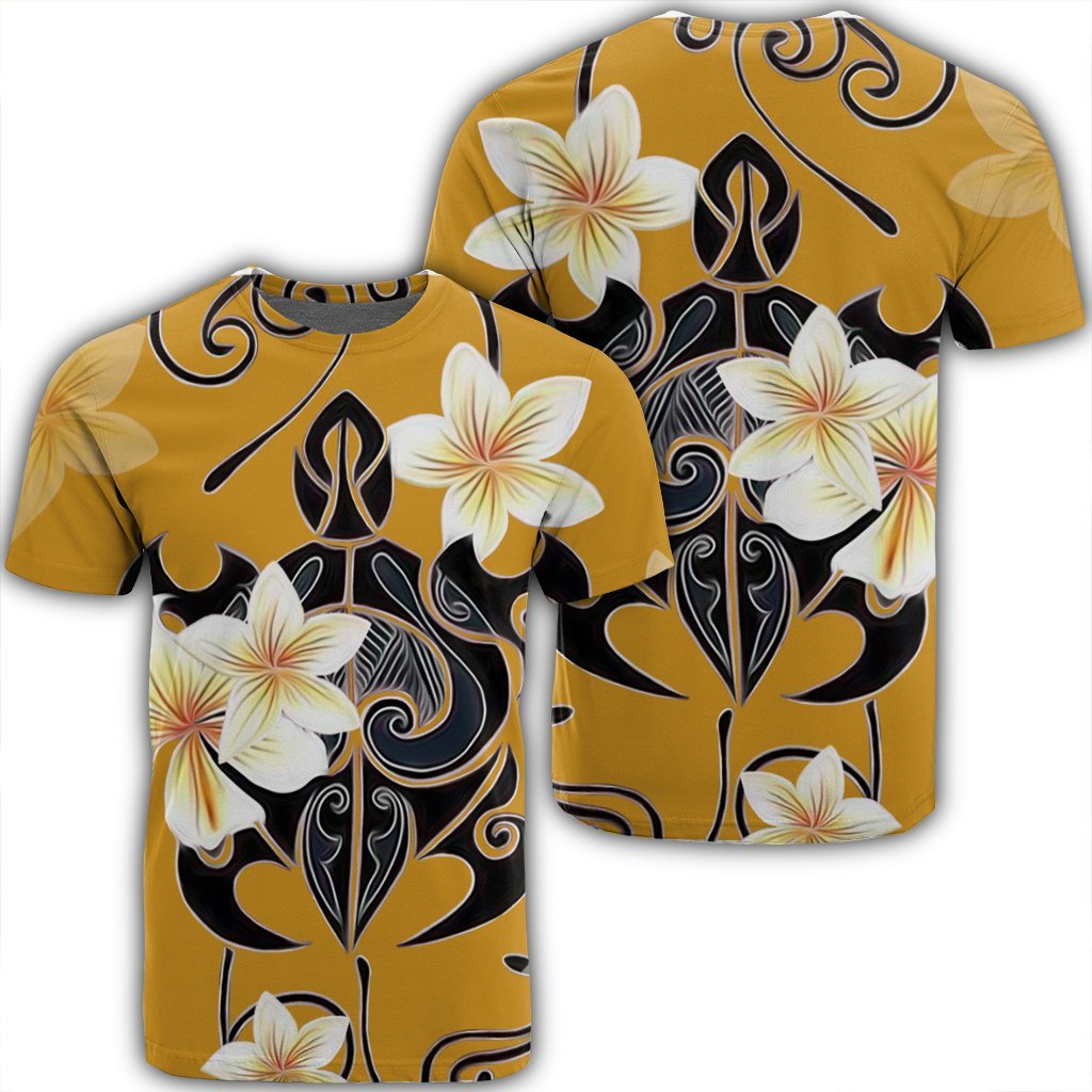 Hawaiian Turtle Plumeria Polynesian T Shirt Yellow AH Unisex Black - Polynesian Pride