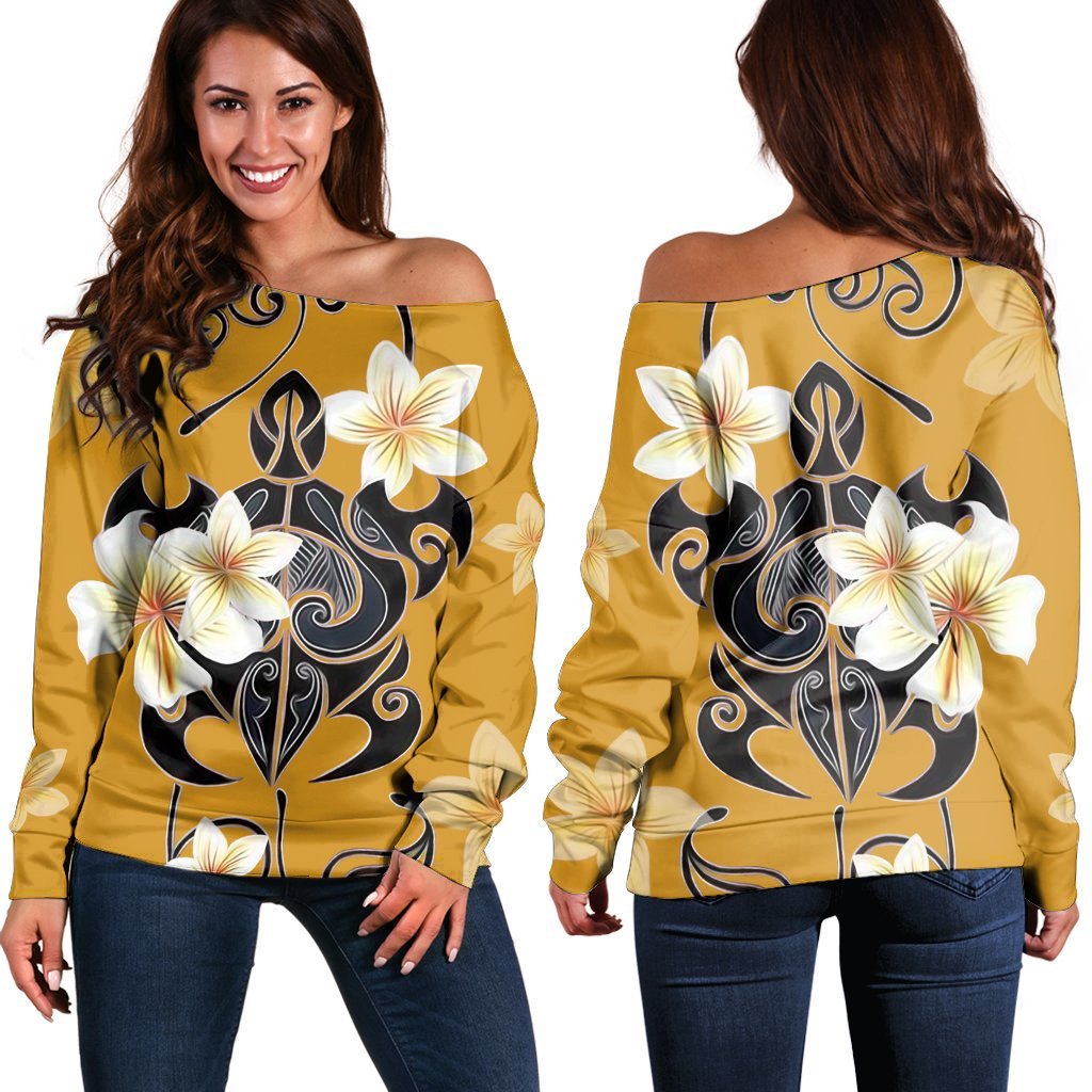 Hawaiian Turtle Plumeria Polynesian Women's Off Shoulder Sweater Yellow - AH Black - Polynesian Pride