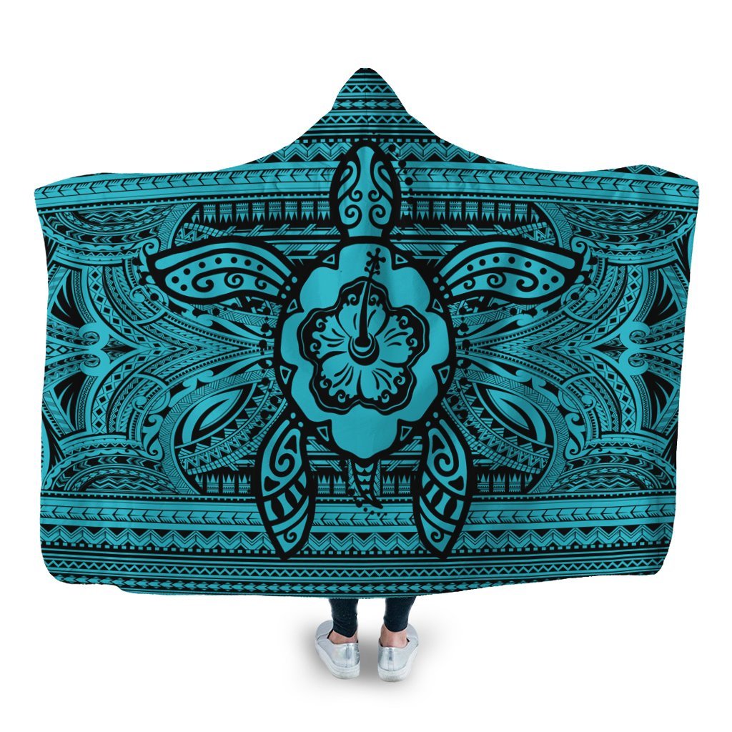 Hawaiian Turtle Polynesian Tribal Hooded Blanket Blue AH Hooded Blanket White - Polynesian Pride